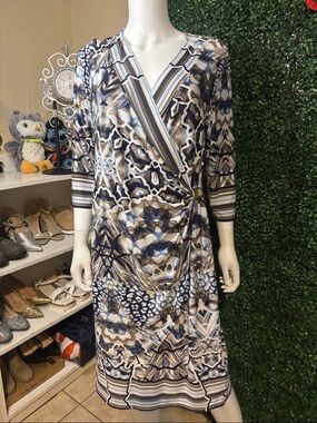 R&M Richards Blue and Beige Abstract Wrap Midi Dress